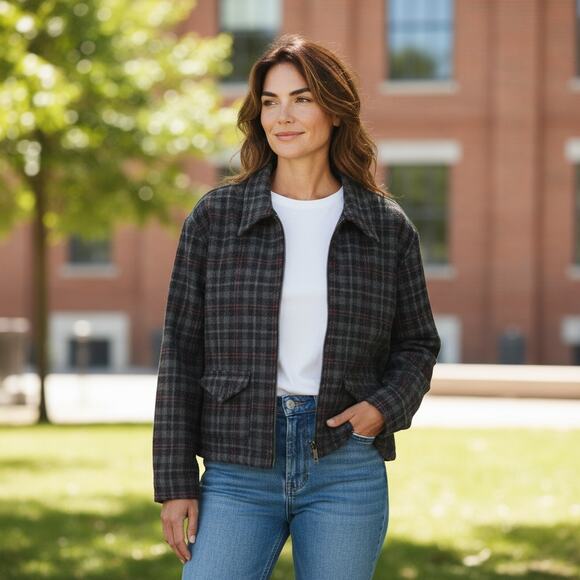 Vintage Y2K 2000s Fashion Bug Plaid Wool Zip Up Collared Cropped Jacket Medium - Picture 1 of 8